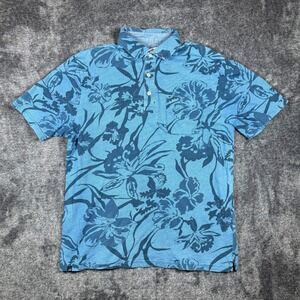 Johnnie-O Hangin Out Mens Blue Floral Cotton Polo Shirt Medium Short Sleeve